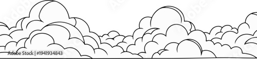 A horizontal line of fluffy clouds in a cartoonish, outline style