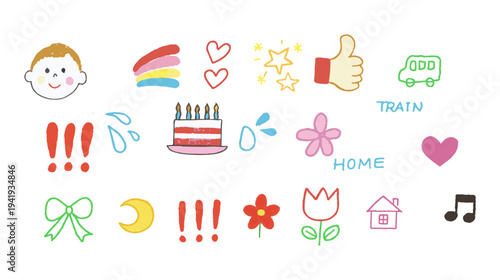 Cute Doodle Icon Set with Rainbow, Cake, Hearts, Flowers and Fun Hand Drawn Color Symbols