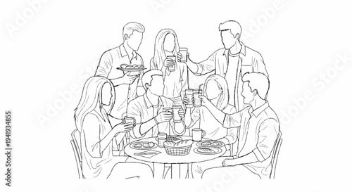 A group of friends gathers around a table, toasting with drinks, enjoying food