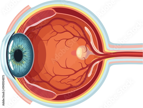 Detailed anatomy of human eye with colorful cross-section