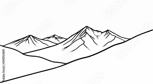 A simple black and white line drawing depicts a mountain range with sharp peaks and slopes