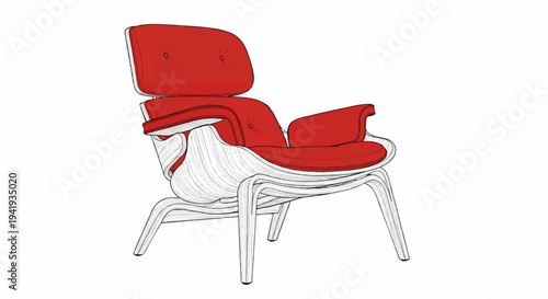 A red upholstered lounge chair with a molded plywood base