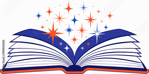 Vector open book with flying stars. Magic reading. Knowledge. Fairy tale. vector icon
