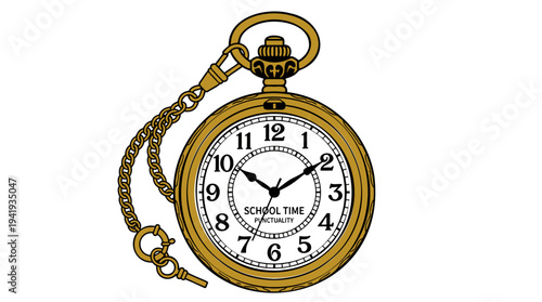 A classic gold pocket watch with a chain, featuring a white face with black Arabic numerals and 'SCHOOL TIME QUALITY' text.