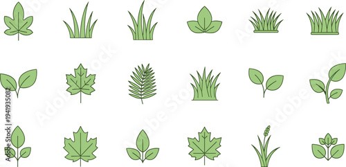 Green plant icon collection with diverse leaf shapes, grass blades, compound foliage, botanical study, nature, ecology, biology, design, illustration