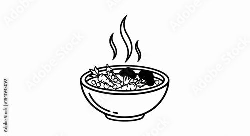 A simple black and white line drawing of a bowl of hot vegetable soup
