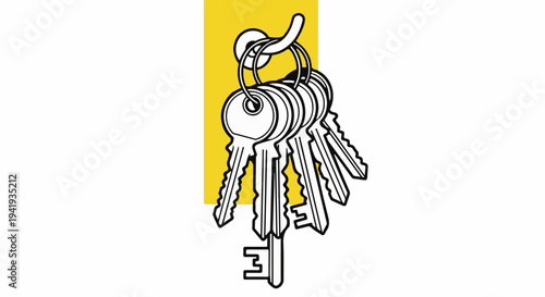 A set of keys hang on a hook against a yellow background