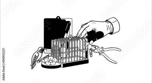 A hand prepares a birdcage while a hummingbird hovers nearby