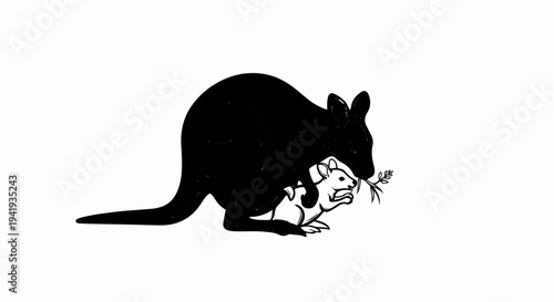 A large black kangaroo shelters a small white joey eating leaves