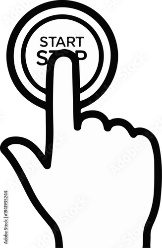 A hand presses a circular button labeled "START STOP