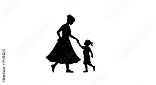 Silhouette of a mother holding hands with her little daughter and walking together.