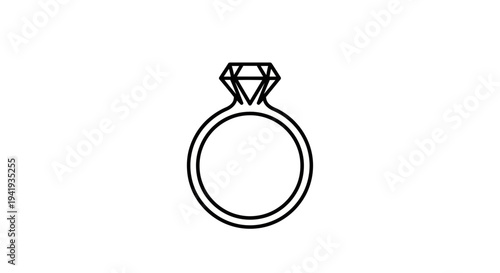 Simple black and white illustration of an engagement ring with a diamond.