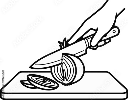 A hand slices an onion on a cutting board