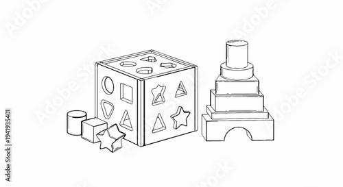 A shape sorter cube and stacking ring toy are illustrated in black and white