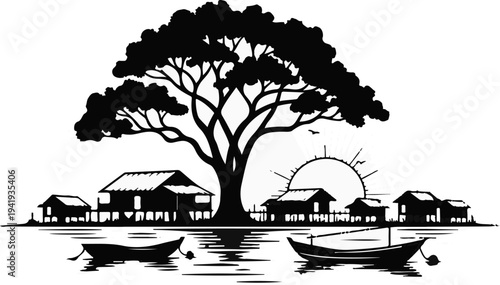 A serene village scene with a large tree, stilt houses, and boats on water