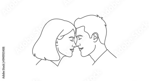 Continuous line drawing of a couple about to kiss.