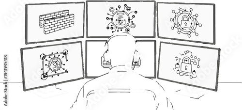A person wearing headphones sits before multiple monitors displaying cybersecurity concepts