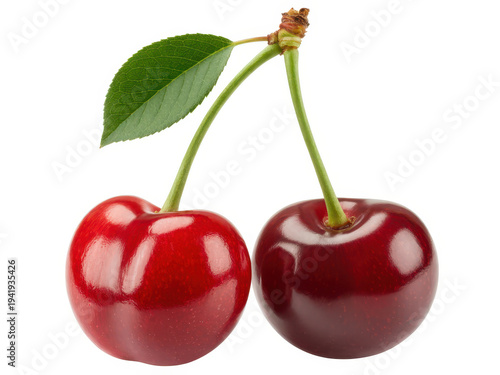 Two red cherries with green stems and leaf fruit