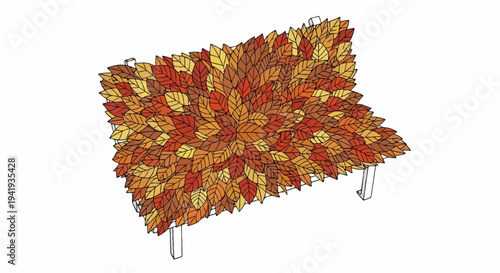 A flat surface covered in a dense arrangement of autumn leaves in various warm colors