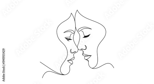 Continuous line drawing of two faces kissing each other.