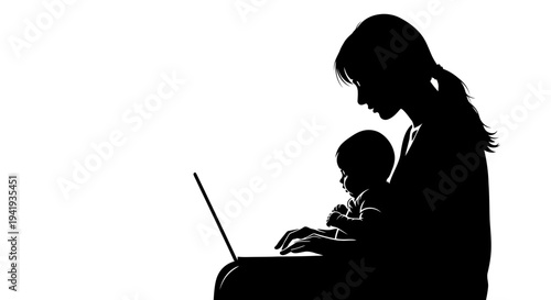 Mother and Child Silhouette Working on Laptop Together.