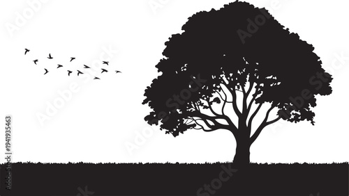 Tree silhouette with birds flying