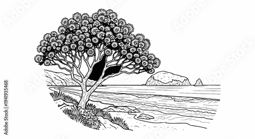 A flowering tree shades a rocky beach with waves crashing near islands