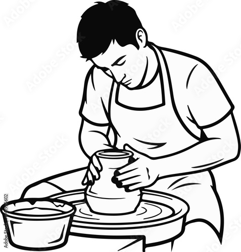A person wearing an apron shaping clay on a potter's wheel