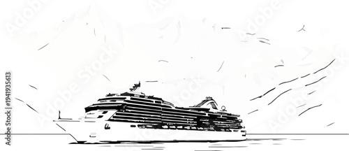 A large cruise ship glides across calm water under a cloudy sky