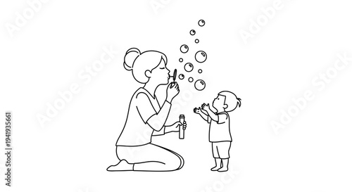 Mother and Child Playing with Soap Bubbles Together.