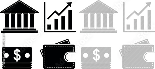 Financial Icons Set with Bank Building, Chart, Wallet and Money