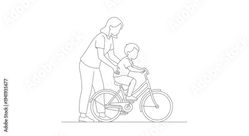 Mother teaching daughter to ride a bicycle with training wheels.