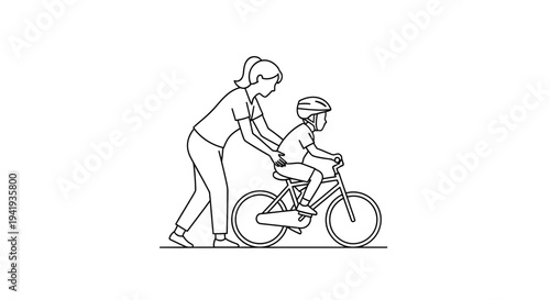 Mother teaching her young child to ride a bicycle with support and guidance.