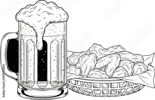 A large, frothy mug of beer sits beside a basket brimming with fried chicken wings