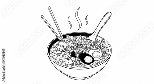 A detailed line drawing of a steaming bowl of Asian noodle soup with garnishes