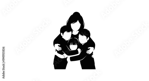 Mother embracing her two children in a loving hug.