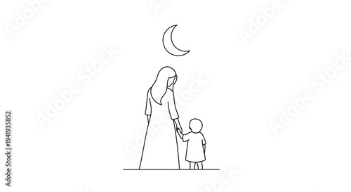 Mother and Child Standing Together Under the Moonlight.