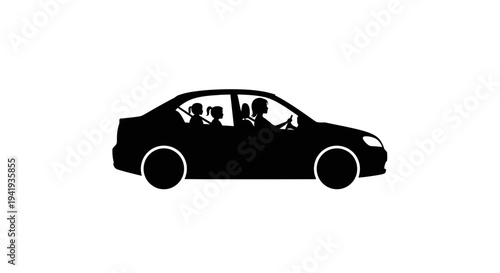 Silhouette of a car with people inside on a white background.