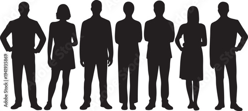 Vector silhouettes of men and a women, a group of standing business people, black color isolated on white background