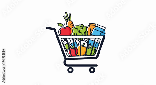 A shopping cart overflowing with colorful produce and dairy items
