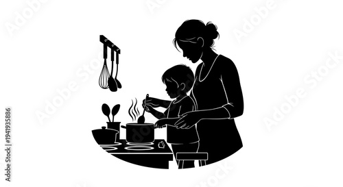 Mother and Child Cooking Together in the Kitchen Silhouette.