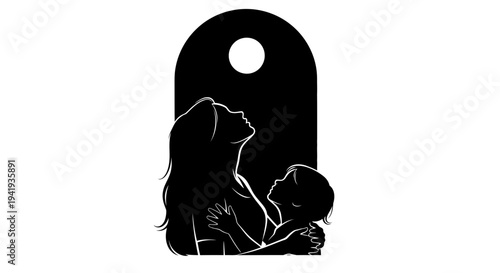 Silhouette of Mother Breastfeeding Baby Against Full Moon.