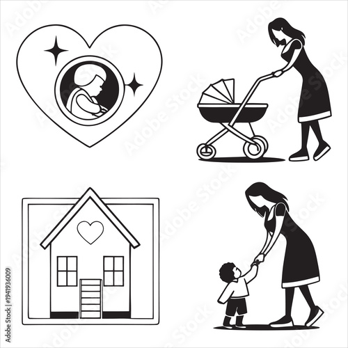 family love line icon set with mother child home