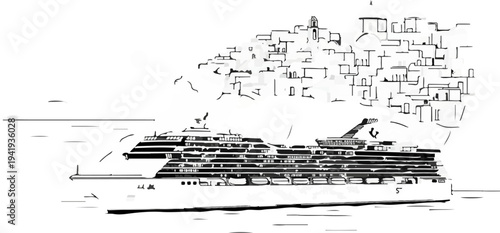 A large cruise ship sails near a coastal town with whitewashed buildings and a bell tower