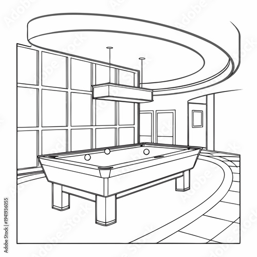 Black and white line of a pool table in a room with a curved ceiling