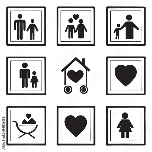 family love line icon set with mother child home