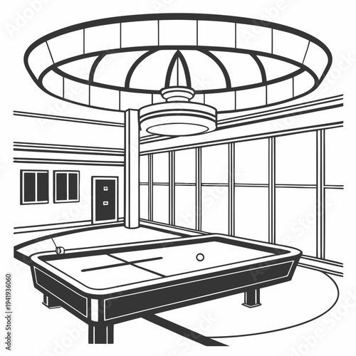 Black and white of indoor pool table with circular ceiling lights