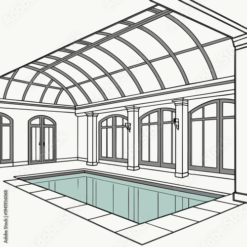 Indoor pool with glass roof and columns arched windows