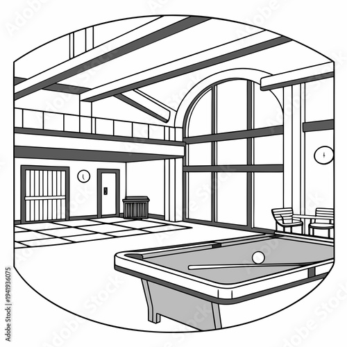 Grayscale of indoor pool table room with large windows and balcony