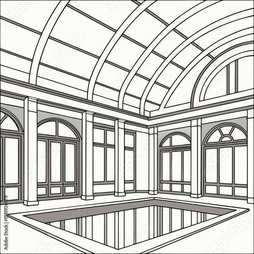 Highly detailed depiction of spacious indoor pool area with arched windows and ceiling